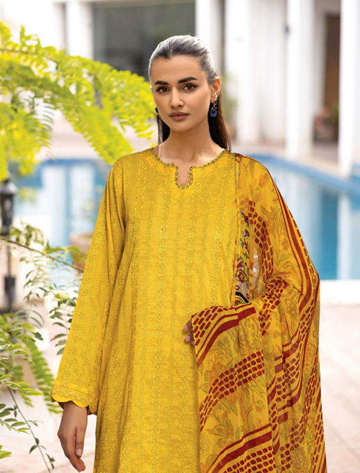 CHIKEN-KARI LAWN WITH PRINTED CHIFFON DUPATTA AND PRINTED TROUSERS
