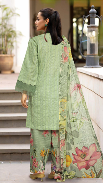 CHIKEN-KARI LAWN WITH PRINTED CHIFFON DUPATTA AND PRINTED TROUSERS