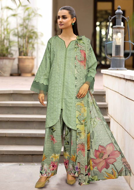 CHIKEN-KARI LAWN WITH PRINTED CHIFFON DUPATTA AND PRINTED TROUSERS