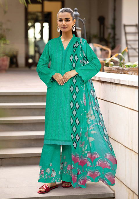 CHIKEN-KARI LAWN WITH PRINTED CHIFFON DUPATTA AND PRINTED TROUSERS